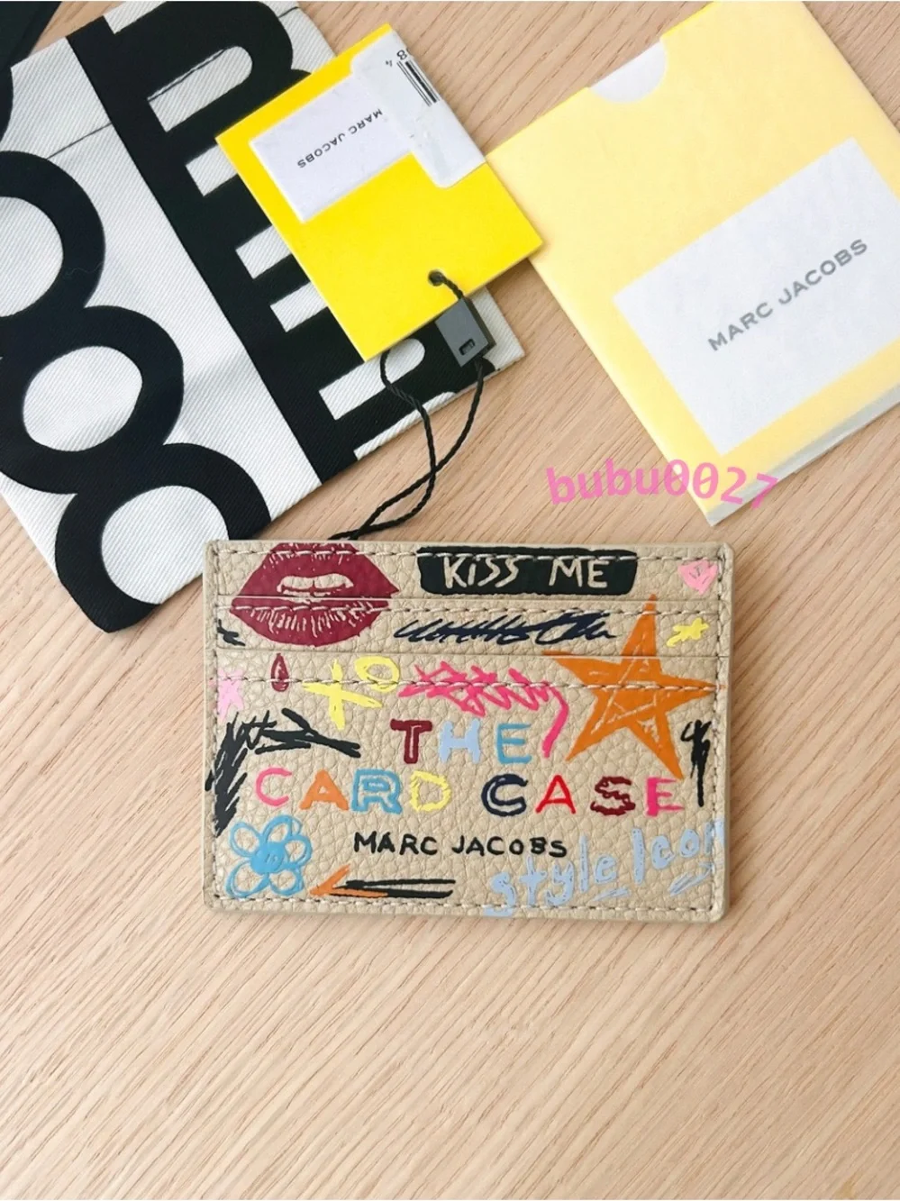 NWT💋Marc Jacobs The Punk Scribble Card Case Leather Tattoo Beige Y2k Kiss Gift